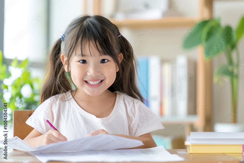 Asian child smiling while doing homework at a desk. Educational and family content. Asian child smiling while doing homework at a desk. Educational and family content.