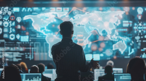 A leader standing before a digital whiteboard, explaining the latest business leadership concepts to an audience of executives at a global conference.