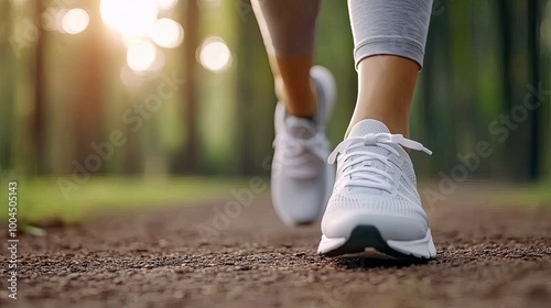 A woman enjoys a fitness walk on a dirt path, showcasing her running shoes. The close-up perspective highlights her active lifestyle in a natural outdoor setting photo