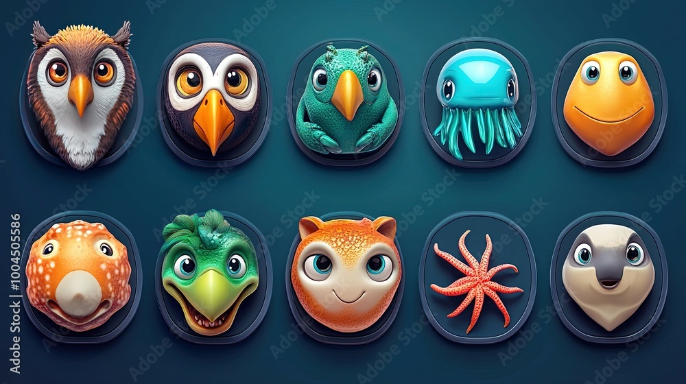 A collection of 10 cute animal icons in a 3D cartoon style with friendly expressions. They are set against a dark blue background. A collection of 10 cute animal icons in a 3D cartoon style with friendly expressions. They are set against a dark blue background.