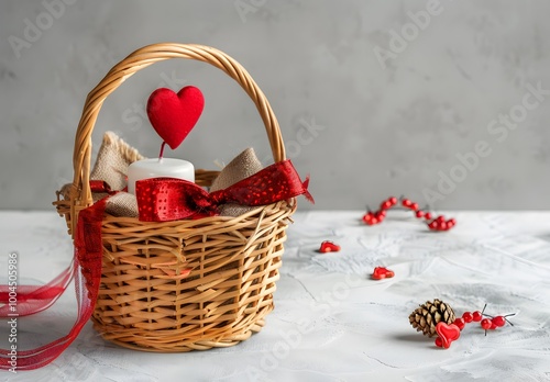 Romantic Valentine's Day Gift Basket with Red Ribbon and Heart Decoration