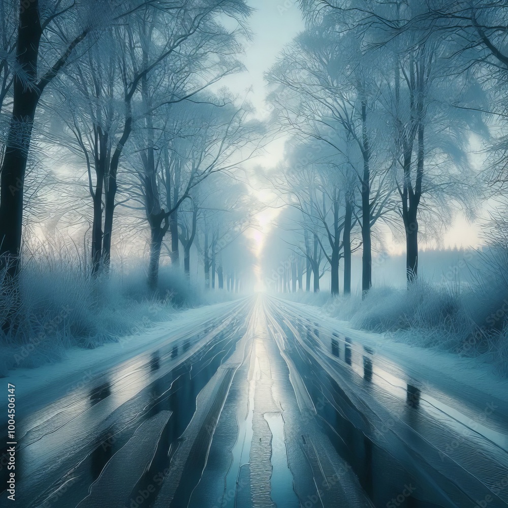 Ice Laden Road In the early morning the road is a slippery sheet Ice Laden Road In the early morning the road is a slippery sheet
