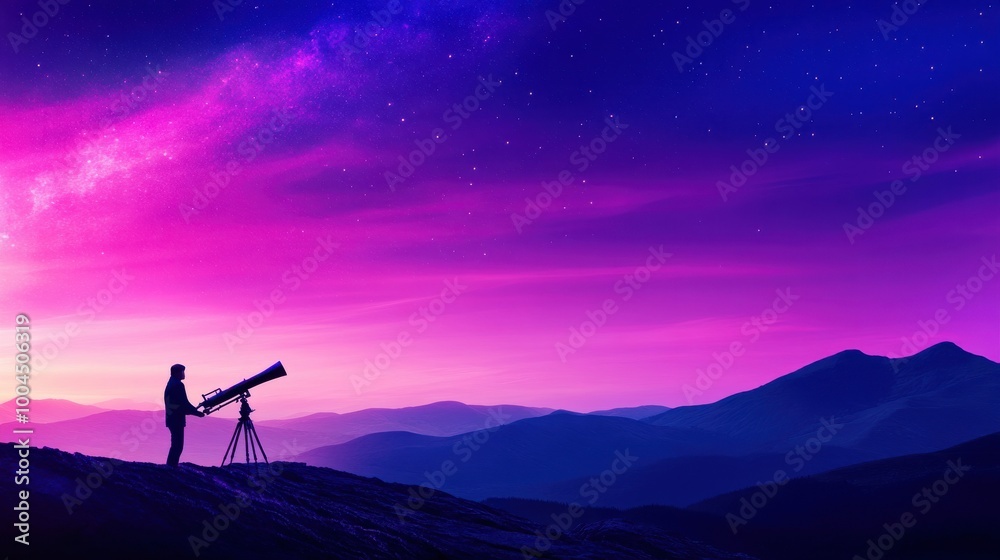 Astronomer Observing Stars with Telescope at Night