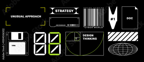 Retro Futuristic stickers for business. Concept Elements. Brutalist style. Strategy, design thinking. Minimalism aesthetic for web page, posters, brochure. Bar code, Floppy disk, digital clock