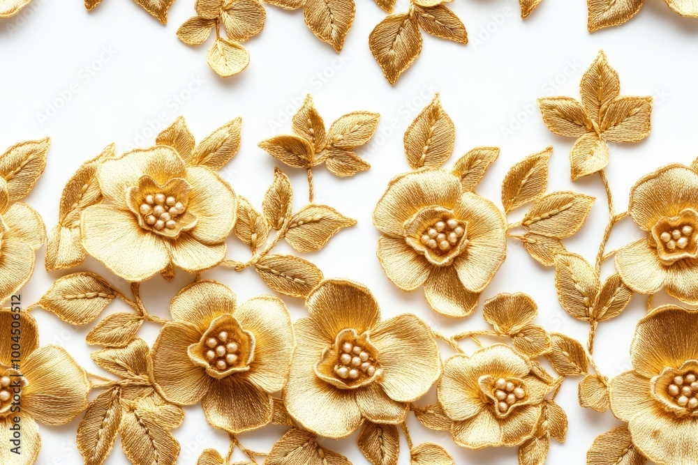 seamless pattern of gold embroidery in flower and leaves theme on white seamless pattern of gold embroidery in flower and leaves theme on white