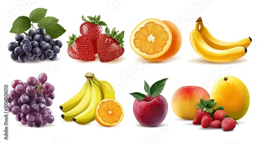 A collection of fresh fruit, including grapes, strawberries, oranges, bananas, apples, and peaches, isolated on a white background.