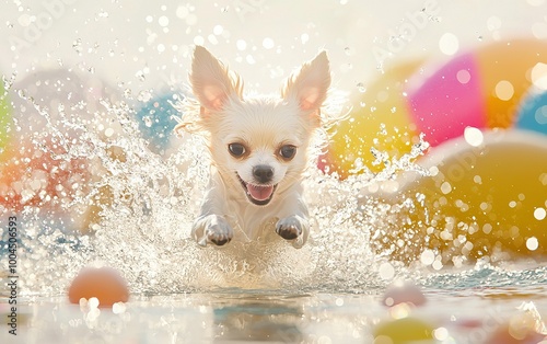 Joyful Chihuahua leaps through splashing water amidst colorful beach balls on a sunny day