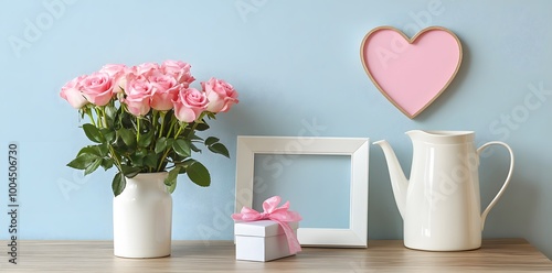 Shabby Chic Valentine's Day Background with Pink Roses