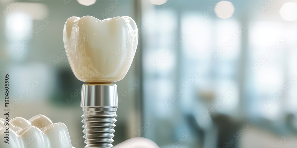 A high-quality close-up of a dental implant, showcasing its realistic design and placement, copy space A high-quality close-up of a dental implant, showcasing its realistic design and placement, copy space