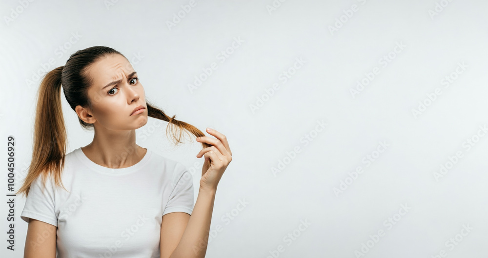 Portrait of a woman suffering from hair loss. Banner with copy space.