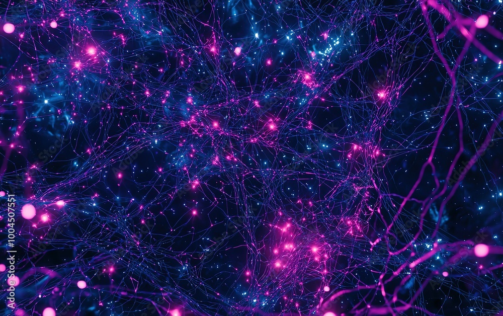 Fototapeta premium Vibrant abstract representation of neural connections glowing in a cosmic purple and blue environment