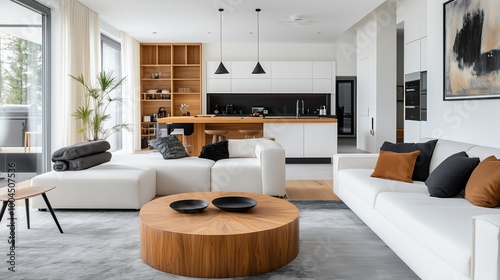 Modern living room and kitchen in a stylish home featuring minimalist furniture and natural light from large windows