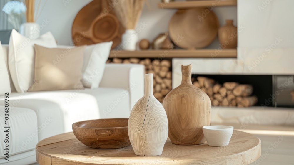 Wooden Decor on a Coffee Table in a Modern Interior Wooden Decor on a Coffee Table in a Modern Interior