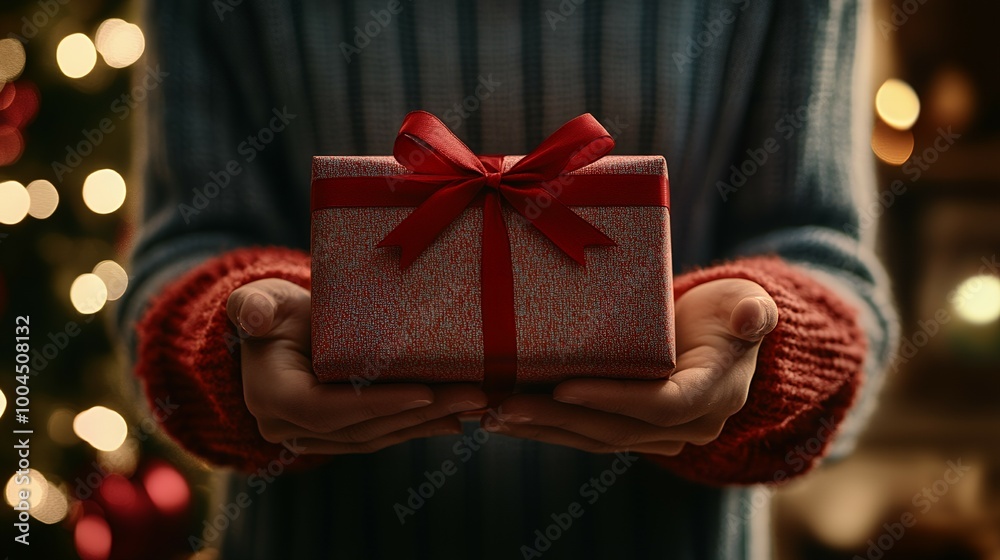 A person holding a gift box, decorated with a red ribbon. A person holding a gift box, decorated with a red ribbon.
