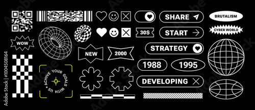 Retro Futuristic stickers for business. Concept Elements. Brutalist style. Strategy, call to action. Minimalism aesthetic for web page, poster, brochure. Bar code, simple shapes, buttons,3d wireframe 