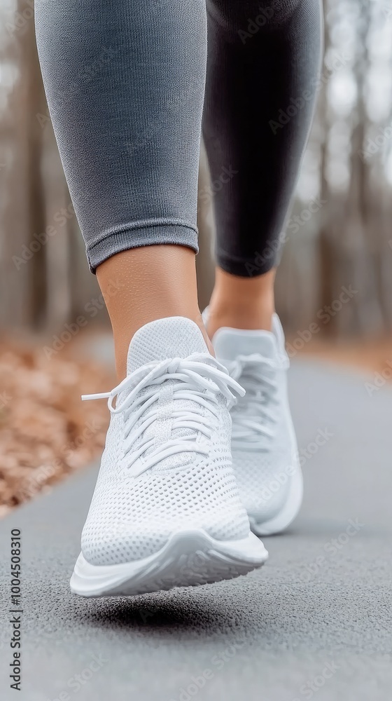 A woman enjoys a fitness walk on a dirt path, showcasing her running shoes. The close-up perspective highlights her active lifestyle in a natural outdoor setting A woman enjoys a fitness walk on a dirt path, showcasing her running shoes. The close-up perspective highlights her active lifestyle in a natural outdoor setting