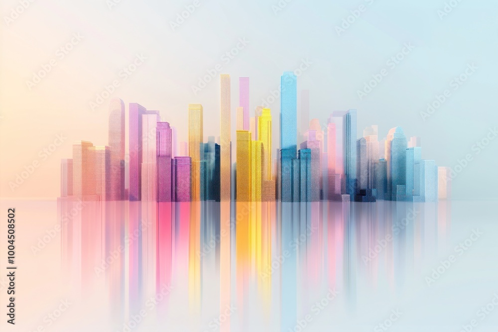 Colorful city skyline merged with a dynamic stock market chart. Financial growth in urban development. Colorful city skyline merged with a dynamic stock market chart. Financial growth in urban development.