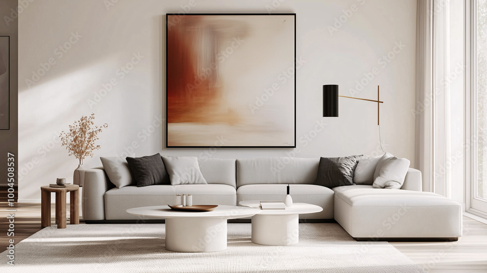 A minimalist living room with a light gray textured wall, featuring a black couch and simple wooden coffee table. A single potted plant adds a touch of greenery to the neutral space