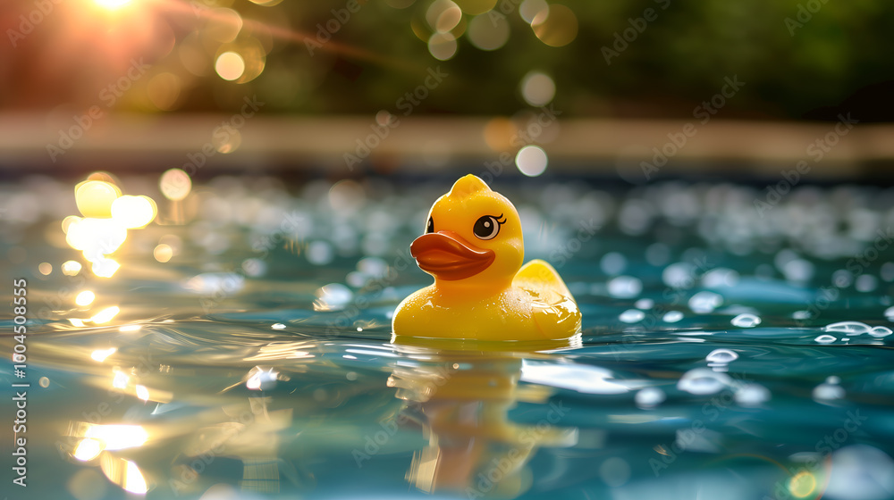 Yellow rubber duck toy in water with bokeh, bath time fun, childhood nostalgia Yellow rubber duck toy in water with bokeh, bath time fun, childhood nostalgia