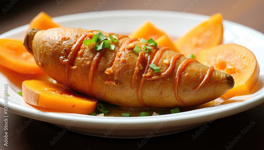Close-up of a glazed chicken dish with orange slices on a white plate. Close-up of a glazed chicken dish with orange slices on a white plate.