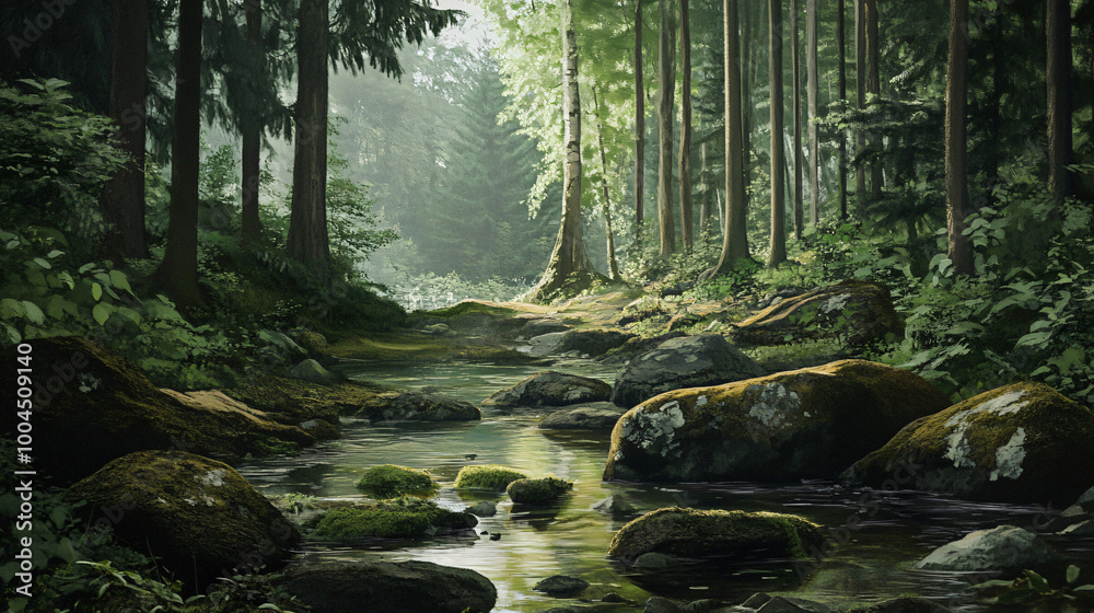 Fototapeta premium A quiet forest stream with rocks and moss-covered banks. 