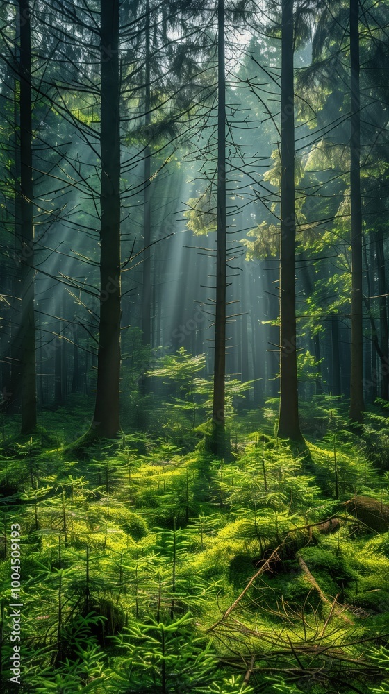 Obraz premium Sunlight illuminates dense pine forest with serene atmosphere.