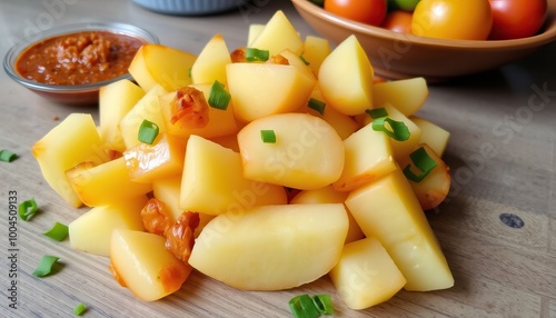 Close up of a bowl of diced potato with a side of chili sauce.