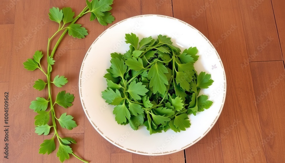 Fresh green parsley leaves on a white plate. Fresh green parsley leaves on a white plate.
