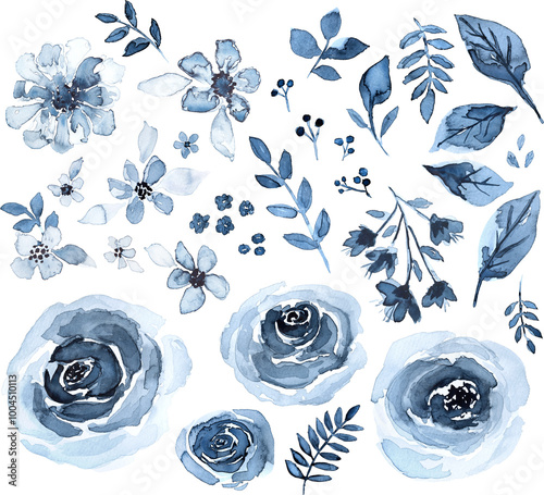 Fototapeta Naklejka Na Ścianę i Meble -  Real hand painted watercolor navy blue flower and leaf elements