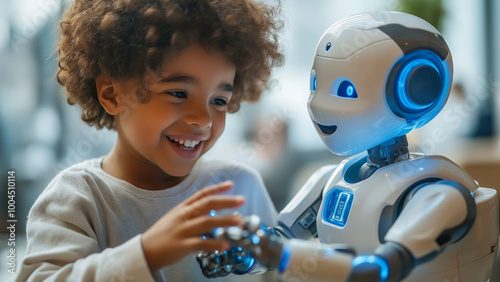 A child smiling and playing happily with robot with trust from an AI-powered robotic, harmonious connection between humans and AI-powered friends, future innovation artificial intelligence.