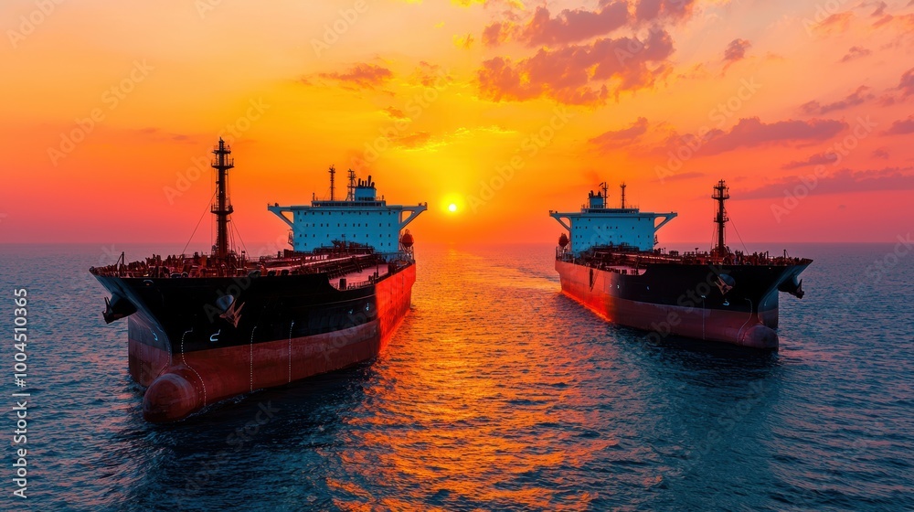 Sunset Over Two Tankers in Calm Ocean Waters Sunset Over Two Tankers in Calm Ocean Waters