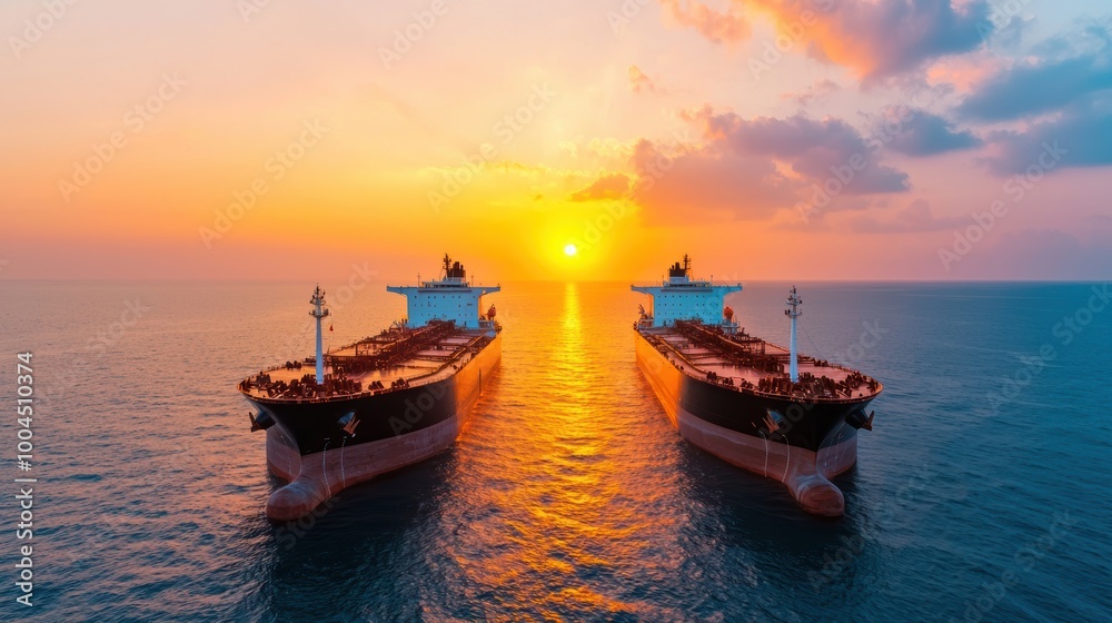Sunrise Over Two Large Cargo Ships in the Ocean Sunrise Over Two Large Cargo Ships in the Ocean