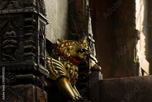 A statue of a lion. Inside Hindu temple, Varanasi