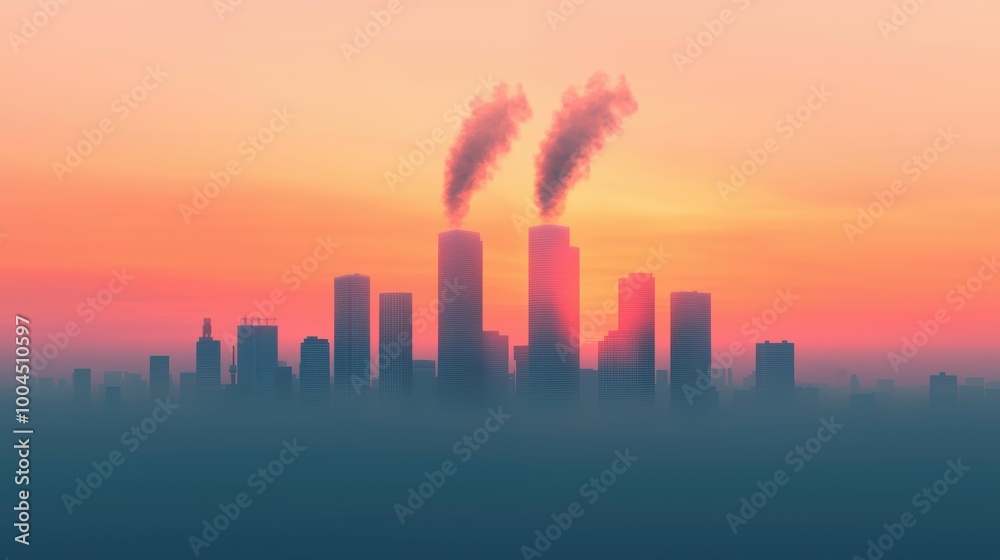 Urban Skyline at Sunset with Smoke Emission Urban Skyline at Sunset with Smoke Emission