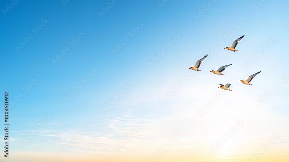 Fototapeta premium Migratory birds flying over protected wetlands, highlighting the intersection of biodiversity conservation and sustainable environmental policies