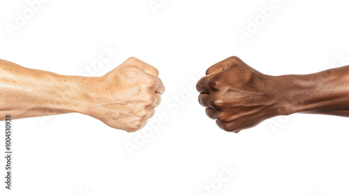 Close-up photo of two arms different race skin color isolated on white background