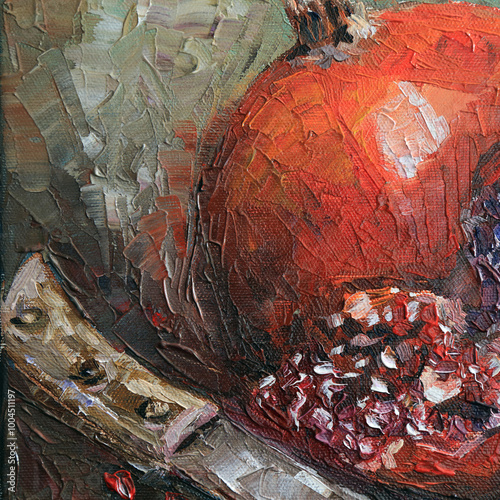 Ripe red pomegranates and their halves - handmade oil painting on canvas