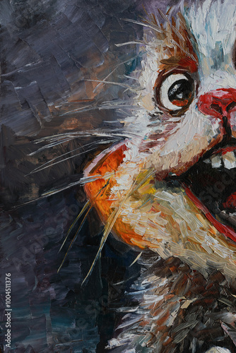 Vibrant and expressive painting of a funny cartoon hamster with a wide smile. Colorful and whimsical animal art illustration in an oil painting style. Perfect for children's books, greeting cards