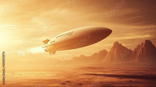 A futuristic airship flies over a barren desert landscape at sunset.