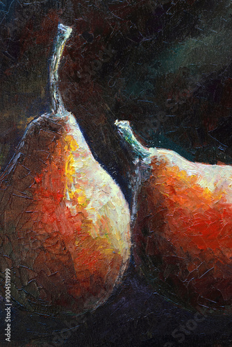 Oil painting of two ripe pears on a brown background