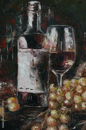Oil painting of a bottle of wine, a glass of wine and grapes on a dark background