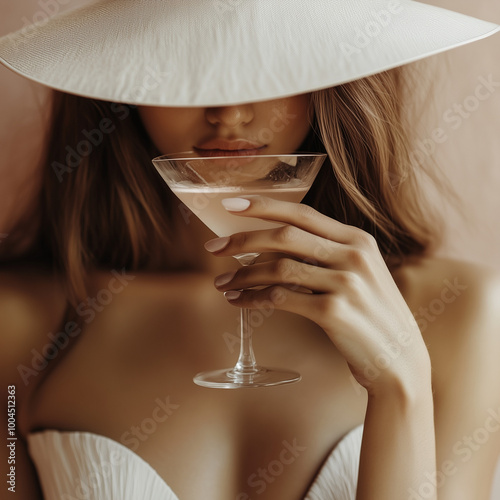 Obraz na płótnie A stylish woman wearing a wide-brimmed hat holds a martini glass, exuding elegance and mystery while dressed in a strapless white outfit. w salonie