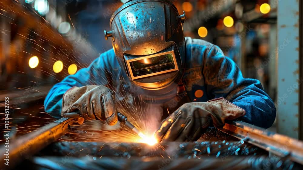 A skilled worker passionately welds metal in a bustling workshop as sparks illuminate the surroundings at dusk A skilled worker passionately welds metal in a bustling workshop as sparks illuminate the surroundings at dusk