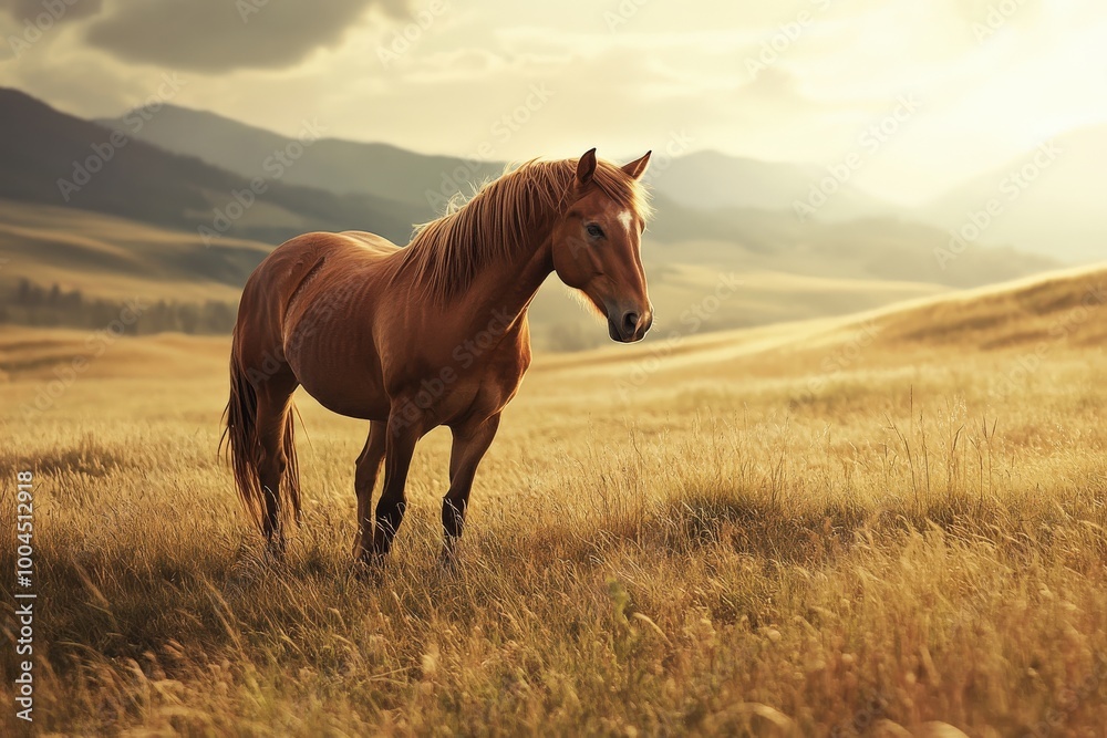 Wild Mustang Galloping Through Mountainous Meadow Wild Mustang Galloping Through Mountainous Meadow