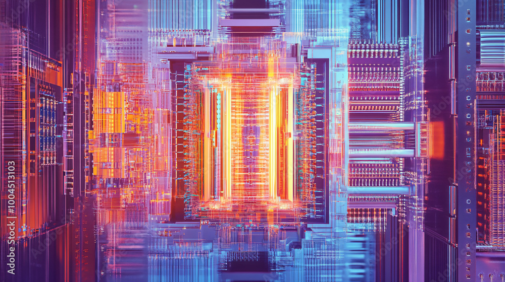 A quantum computer visualized with complex algorithms. A quantum computer visualized with complex algorithms.