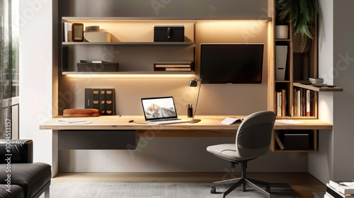 A minimalist home office with space-saving furniture, including a compact desk, wall-mounted shelves, and a comfortable chair.