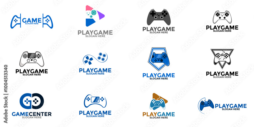 Naklejka premium Big set of game logo design template vector, Game logo template vector. Joystick design Icon. Stylized joystick buttons. Creative design. Illustration
