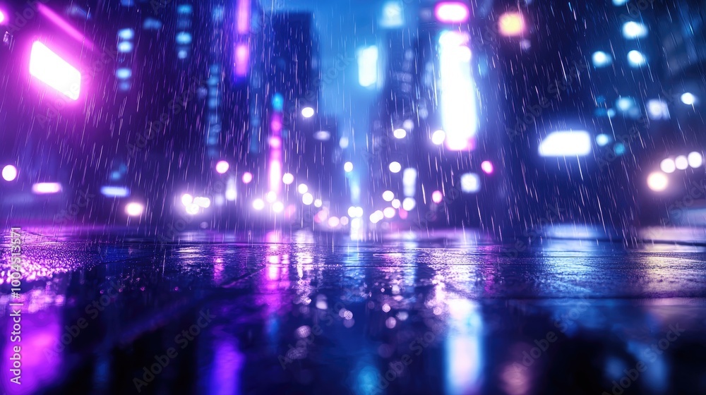 Futuristic Night Metropolis with Neon Lights and Rain
