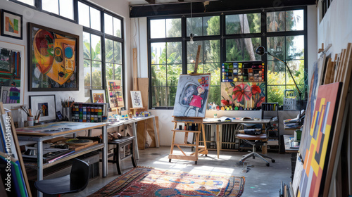 A modern art studio home office with easels, paints, and ample desk space for creating and displaying artwork.