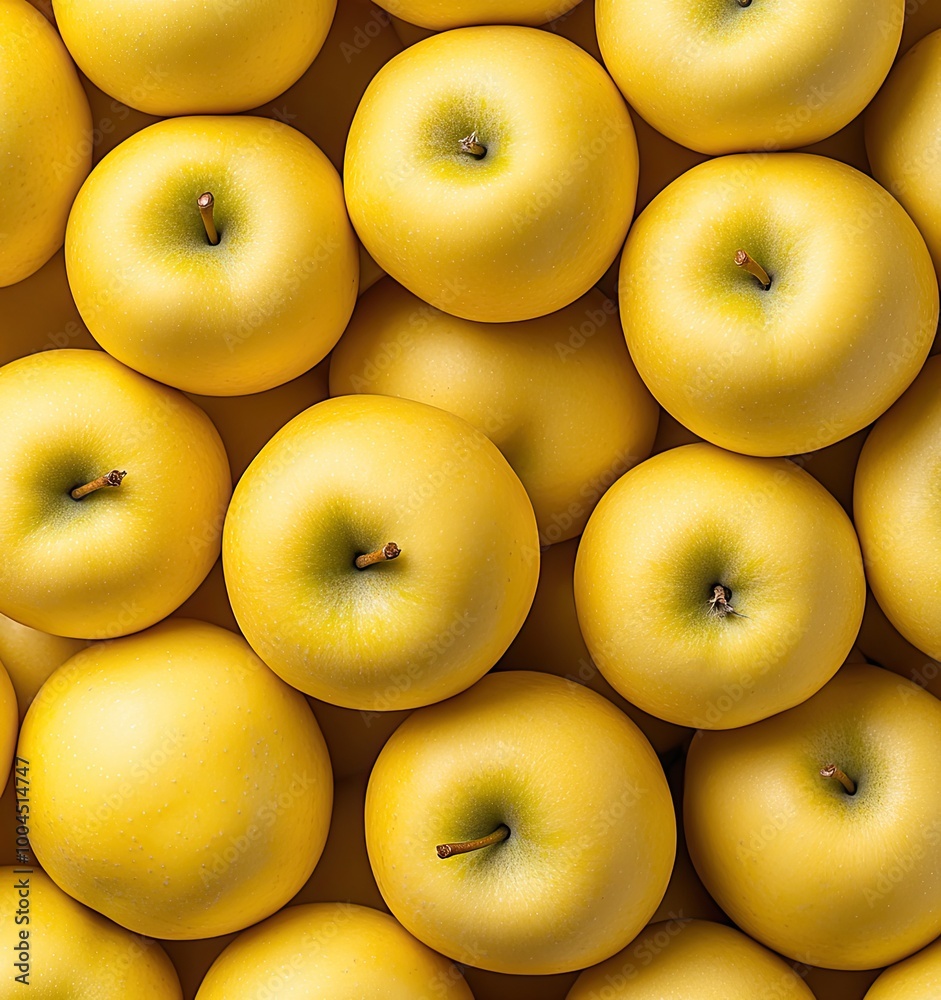 A variety of fresh apples are displayed in a repeating pattern, surrounded by green leaves, highlighting their shiny skin and natural beauty in a highly detailed arrangement